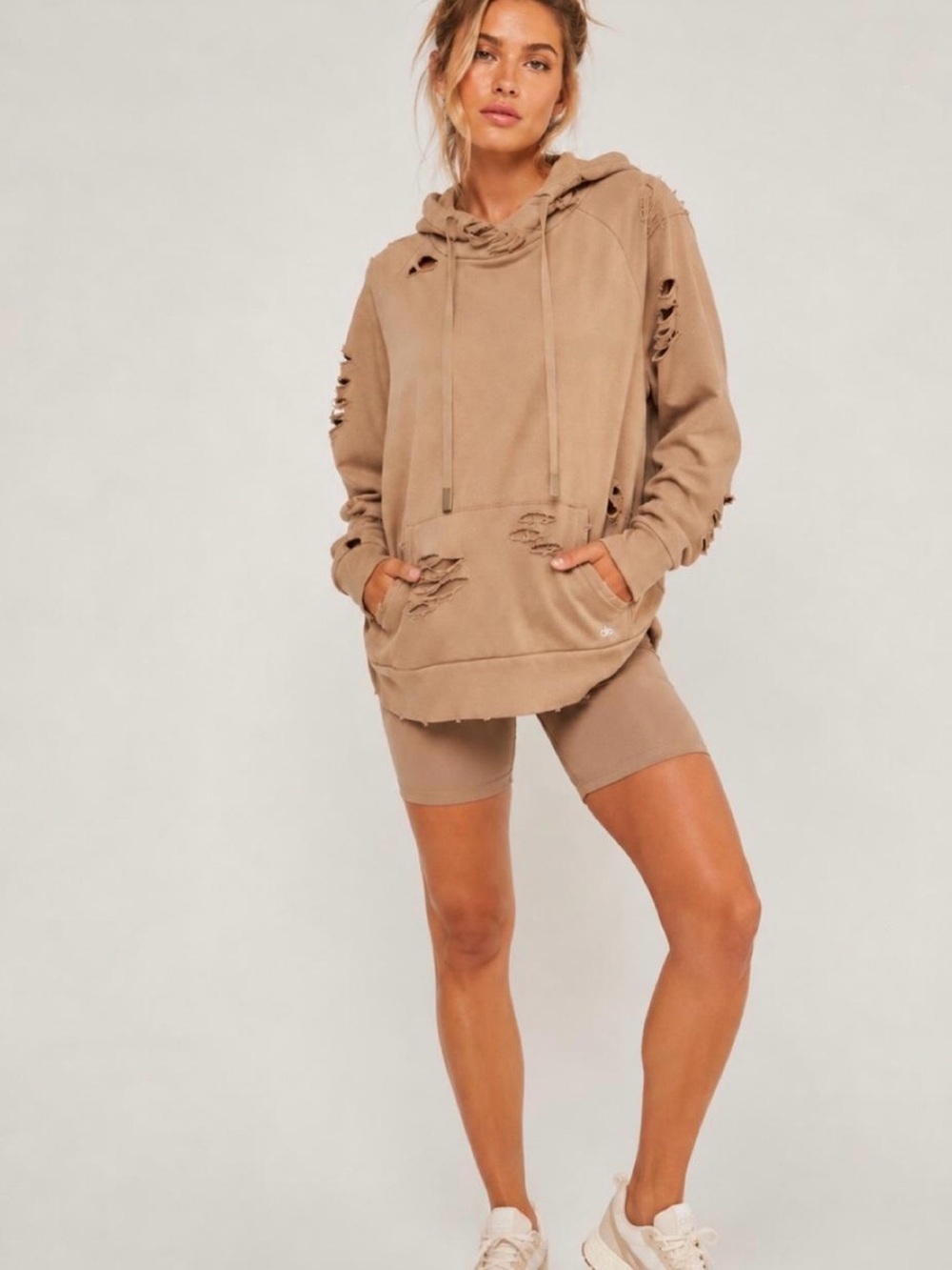 Alo Yoga Ripped Distressed Oversized Hoodie Tan Pullover Grunge Activewear